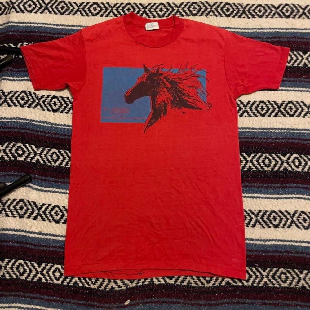VTG 80s Pony Chevron big logo graphic horse head brand promo tee shirt M USA red